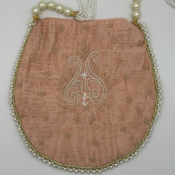 Embellished Peach Tone Indian Potli Bag, Intricate Beading, Faux Pearls - Picture 2 of 8